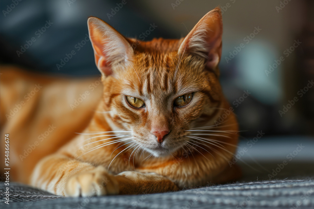 Cute ginger cat lying on the sofa at home. Selective focus.