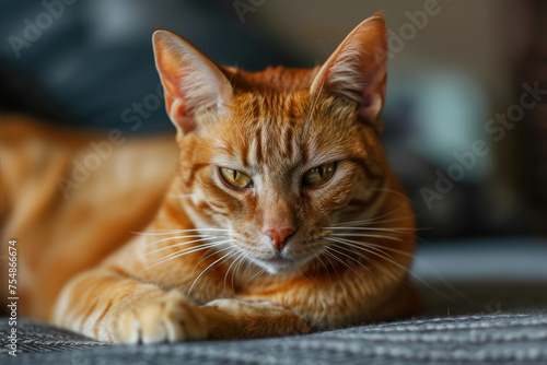 Cute ginger cat lying on the sofa at home. Selective focus.