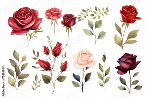 Set of watercolor roses and leaves, hand drawn vector illustration.