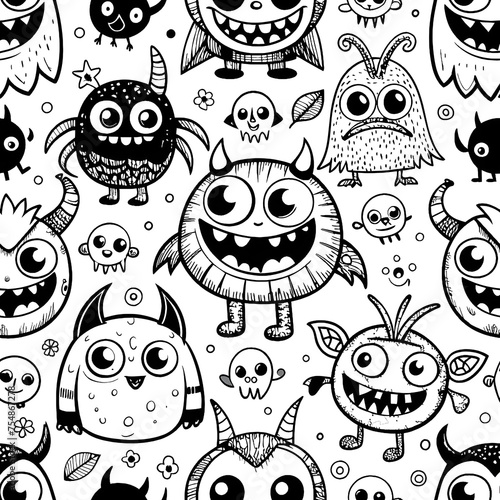 Monochrome Cartoon Monster Doodle Pattern