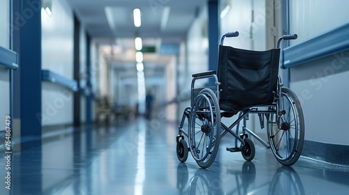 Wheelchair in a hospital hallway ready to assist patients in navigating the vast and bustling environment