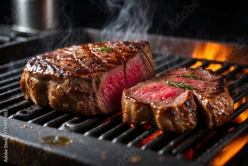 Perfekt gegrilltes Steak medium rare mit Rosmarin auf Grillrost