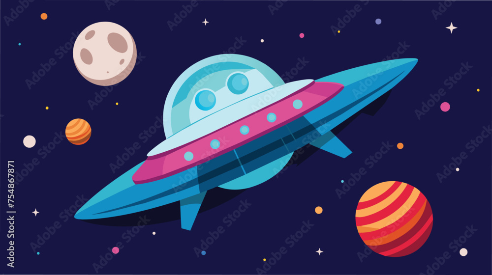 Colorful Spaceship Gliding Through Outer Space Besides Vibrant Planets