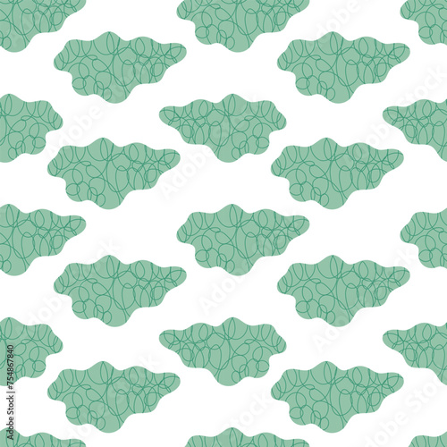 Abstract seamless pattern with clouds and doodles. For packaging, clothing, cases, covers. Vector, isolated.