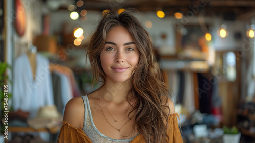 attractive young woman fashion business owner posing at clothing store