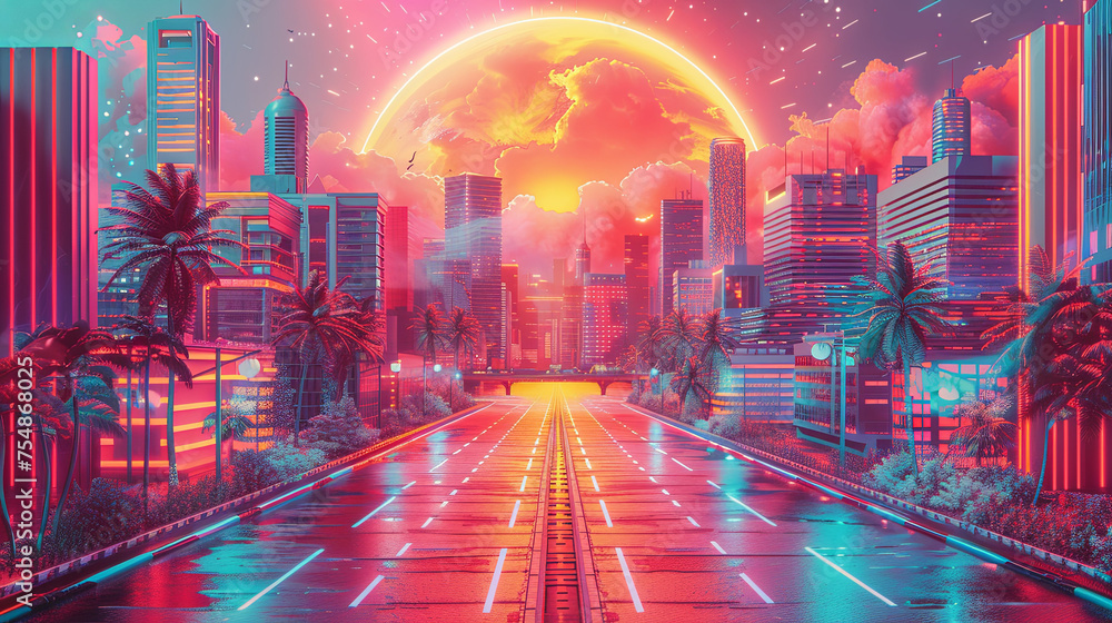 A surreal, vaporwave-inspired cityscape under a glowing moon, surrounded by neon-lit buildings and palm trees.