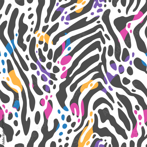 Zebra print seamless pattern with color splashes.