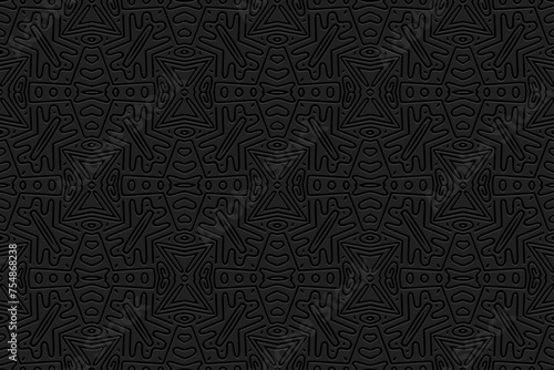 Embossed black background, cover design. Handmade. Geometric 3D pattern, doodling. Ornaments, arabesques, boho style. Traditions of the East, Asia, India, Mexico, Aztec, Peru. Current design and decor
