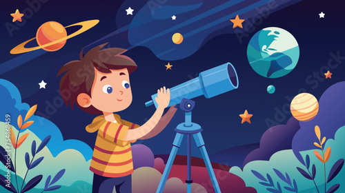 Young Boy Exploring Night Sky Through Telescope