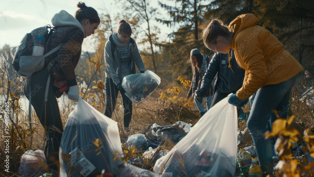 Volunteers gather trash in a forested area, working together to clean up the environment. - obrazy, fototapety, plakaty 