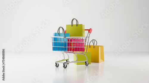 shopping cart and shopping bags against clean white background, 3D render style