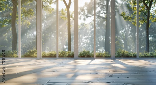 Sunlight Streaming Through Trees in Empty Room