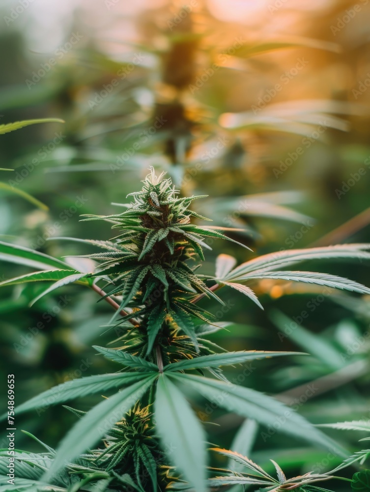 Fototapeta premium An up-close view of a flowering cannabis plant, with sunlight filtering through, evoking the natural beauty and intricacy of the plant.