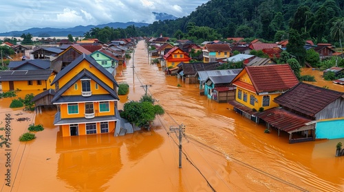 Aerial view of submerged residential areas, flooding, natural disasters.