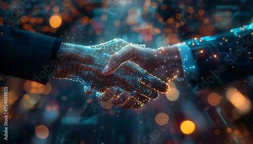 Obraz na płótnie Leadership in Transition: Embracing AI Technology through Holographic Handshake w salonie