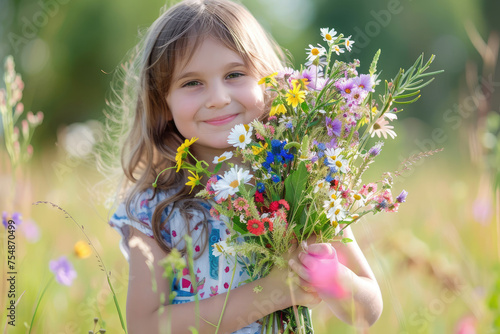 Happy innocent child holding a bouquet of wildflowers