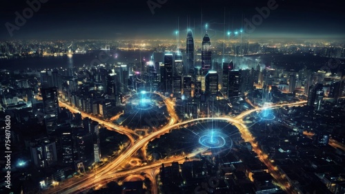 Business strategy in action  Top view of businessman leveraging modern technology with digital layer effects. Cityscape at night symbolizing wireless network and connection technology.