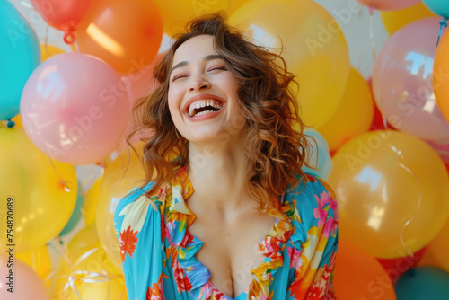 Joyful beautiful woman dressed in colorful dress, laughing around balloons