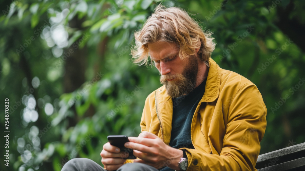 Man lost in thought while using phone on park bench. Man lost in thought while using phone on park bench.