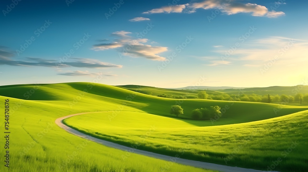 Picturesque winding path through a green grass field in hilly area in morning at dawn against blue sky with clouds. Natural panoramic spring summer landscape