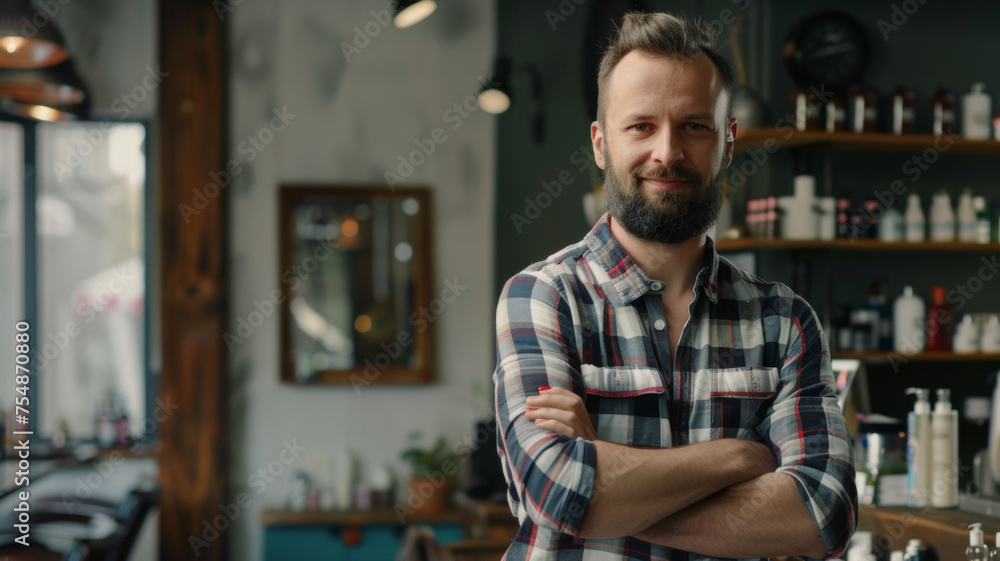 Barber shop owner standing proudly in his establishment. Barber shop owner standing proudly in his establishment.