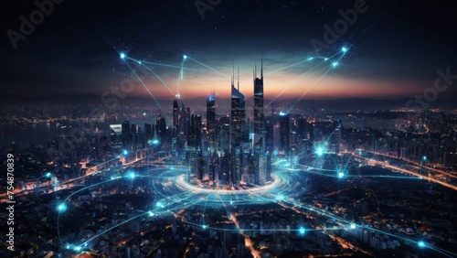 Business strategy in action  Top view of businessman leveraging modern technology with digital layer effects. Cityscape at night symbolizing wireless network and connection technology.