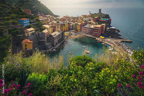 Vernazza view from the flowery garden, Cinque Terre, Italy