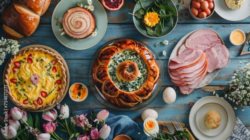Easter lunch on a big table adorned with Easter decor and featuring spiral-sliced ham, quiche, deviled eggs, and hot cross buns. photo