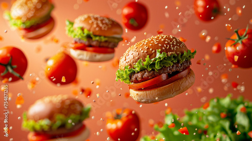 Banner or Wallpaper: Flying Meat Burgers and Tomatoes on a Light Red Bokeh Background, Showcasing a Vibrant Contrast of Burger Ingredients, Creating a Bold and Appetizing Composition.