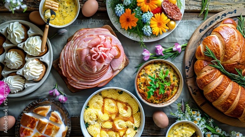 Easter lunch on a big table adorned with Easter decor and featuring spiral-sliced ham, quiche, deviled eggs, and hot cross buns.