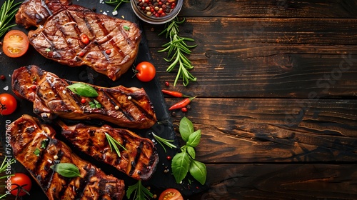 Flavorful grilled pork steaks topped with spices and arranged flat on a dark hardwood table. Text space