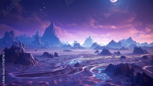 Fantasy landscape with sandy glaciers and purple crystal. Concept art. fantasy © MdRazib