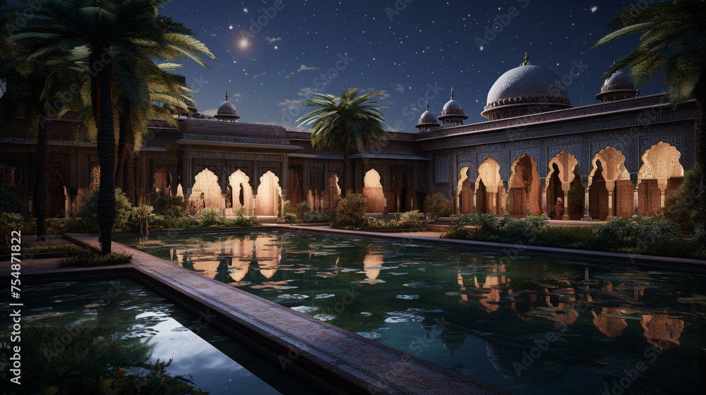 A Mughal palace, its sprawling courtyards ornamented by geometrical patterns, under the soft glow of the moon. - obrazy, fototapety, plakaty 