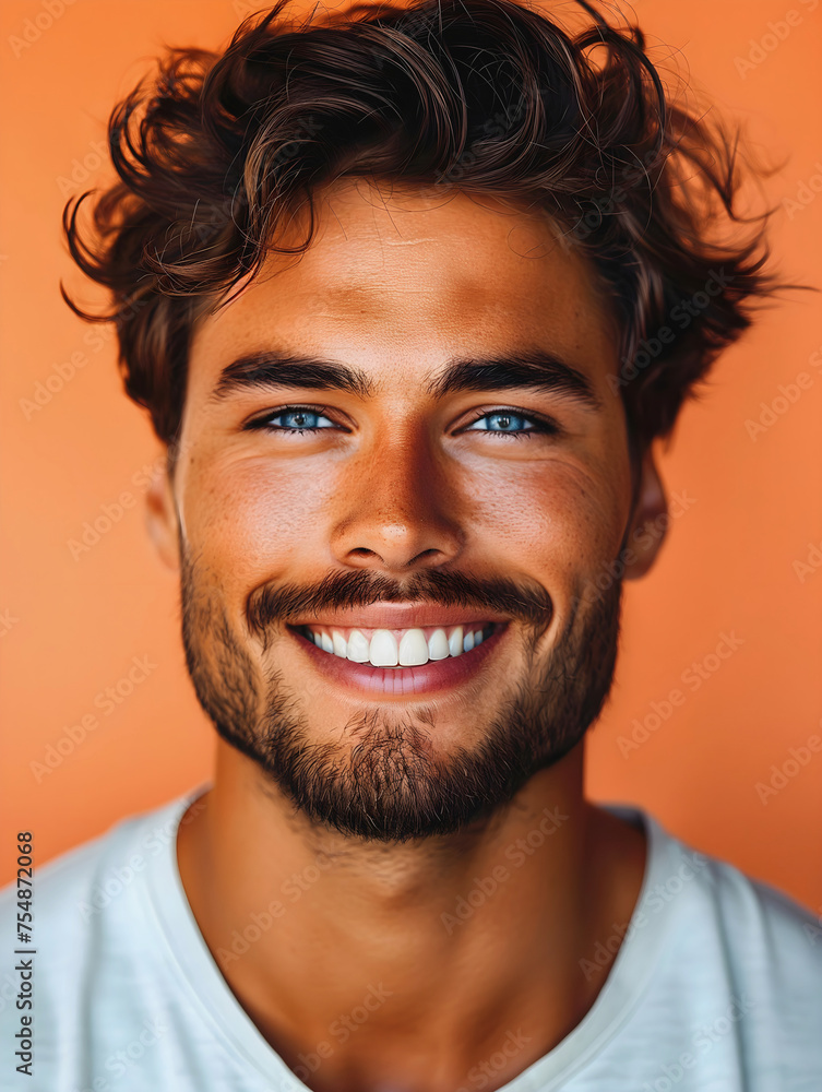 Closeup Portrait oh handsome young male Caucasian model smiling with perfect teeth isolated on peach orange background Closeup Portrait oh handsome young male Caucasian model smiling with perfect teeth isolated on peach orange background