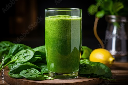 Wholesome Organic green spinach smoothie glass on wooden table. Healthy vegetables drink with lemon juice. Generate ai