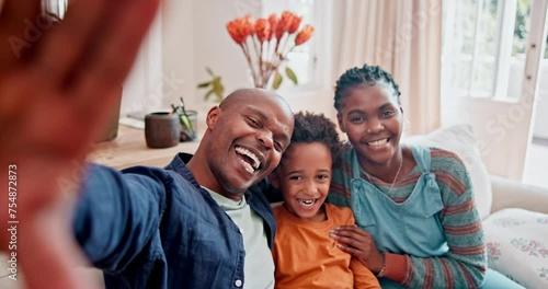 Family selfie, child and parents on sofa with smile, love and relax together at home for social media. Face of African people, mom and dad with kid or boy on couch for profile picture and photography photo