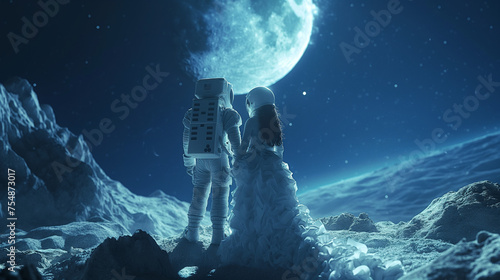Hochzeit auf dem Mond mit Brautkleid und Helm, ai generativ
