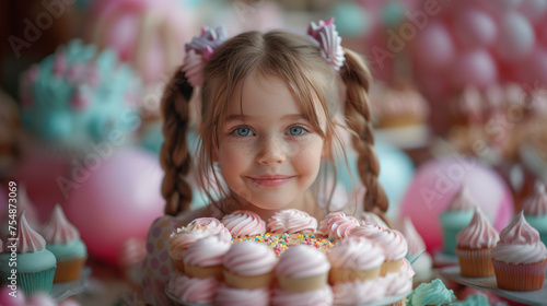 Zuckersüße Geburtstagsfreuden: Entzückendes Mädchen umgeben von einem Meer aus Cupcakes photo