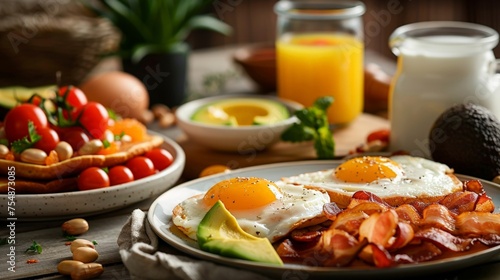 Delicious Breakfast Spread with Fried Eggs, Bacon, Hash Browns, Pancakes, Avocado Toasts, Milk, and Orange Juice