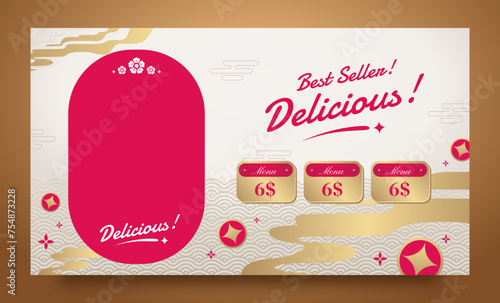 Asian food advertising banner template with asian or chinese decoration style in magenta color
