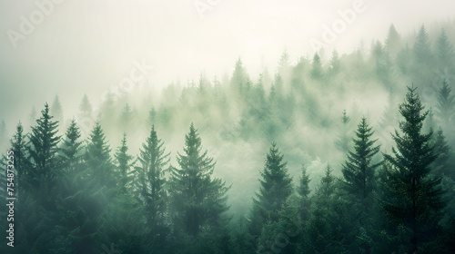 Nostalgic Whimsy: A Misty Landscape Enveloped by a Fir Forest, Capturing the Hipster Vintage Retro Charm