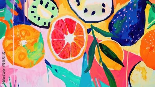 Abstract background with fruits in minimalistic flat hand drawn naive style. Simple tropical summer banner, trendy stylish fashion print, poster