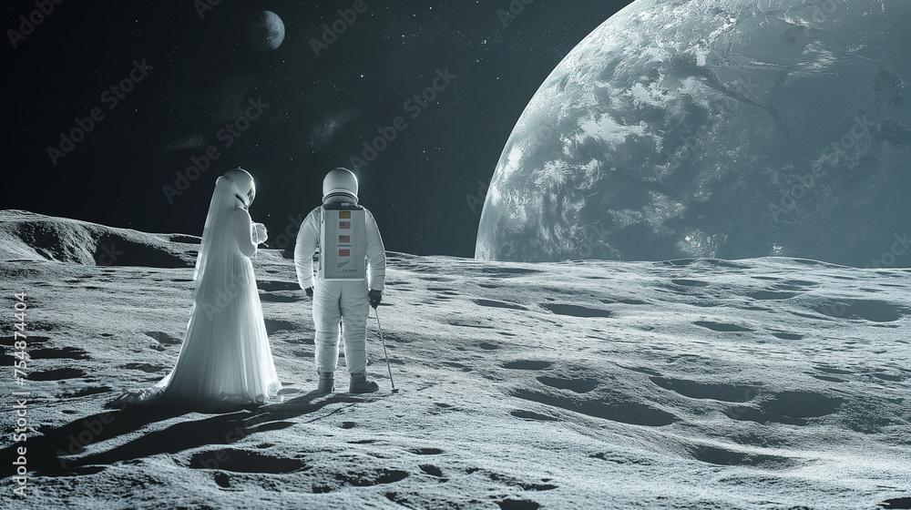Hochzeit auf dem Mond mit Brautkleid und Helm in schwarz weiß, ai generativ - obrazy, fototapety, plakaty 