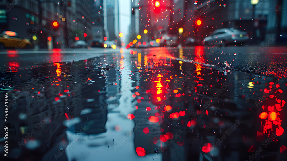 City street in the rain with red lights reflected in a puddle - obrazy, fototapety, plakaty 