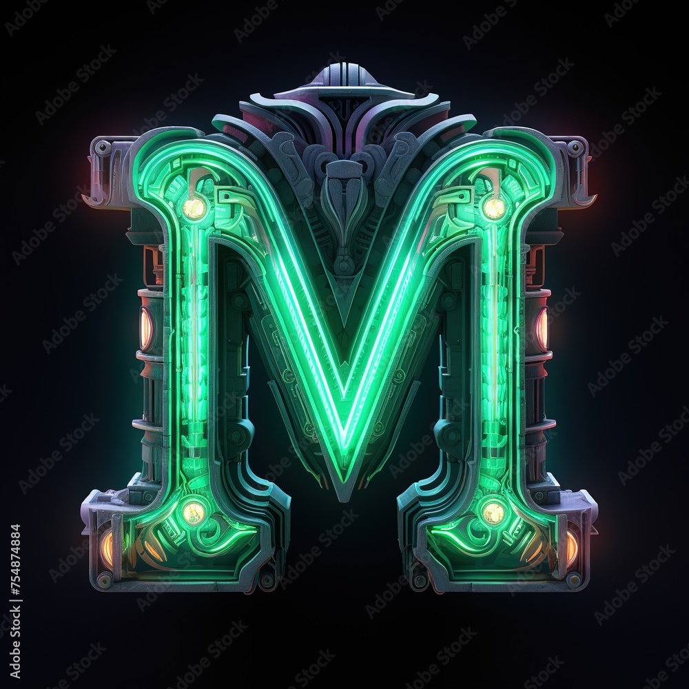 Alphabet capital letter M text. Futuristic neon glowing symbol, logo on dark grunge background. Alphabet capital letter M text. Futuristic neon glowing symbol, logo on dark grunge background.
