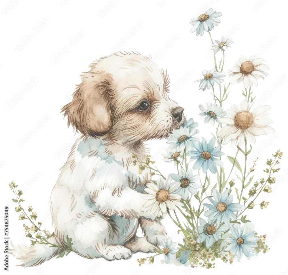 Cute puppy among blooming daisies illustration