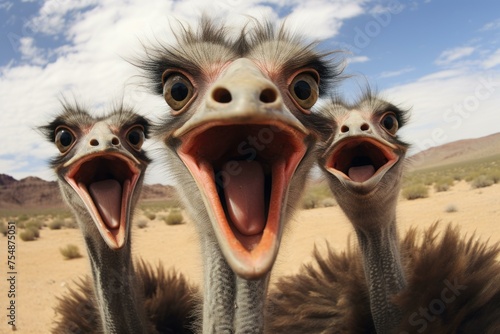 Humorous Ostrich selfie funny head. Nature eye bird. Generate Ai © juliars