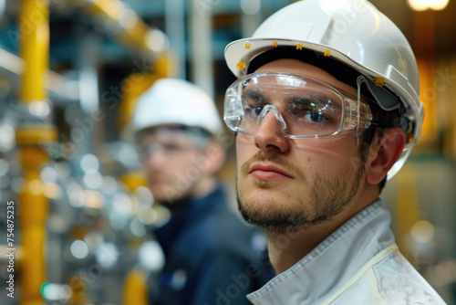 R&D of engineers wearing protection glasses researching