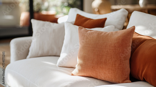 Chic Autumnal Cushions. Elegant Throw Pillows on a Modern White Sofa. Living Interior