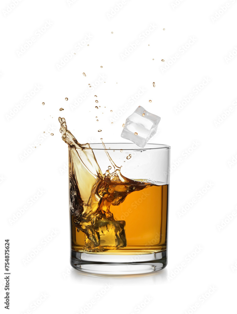 Whiskey splashing out of glass on white background Whiskey splashing out of glass on white background